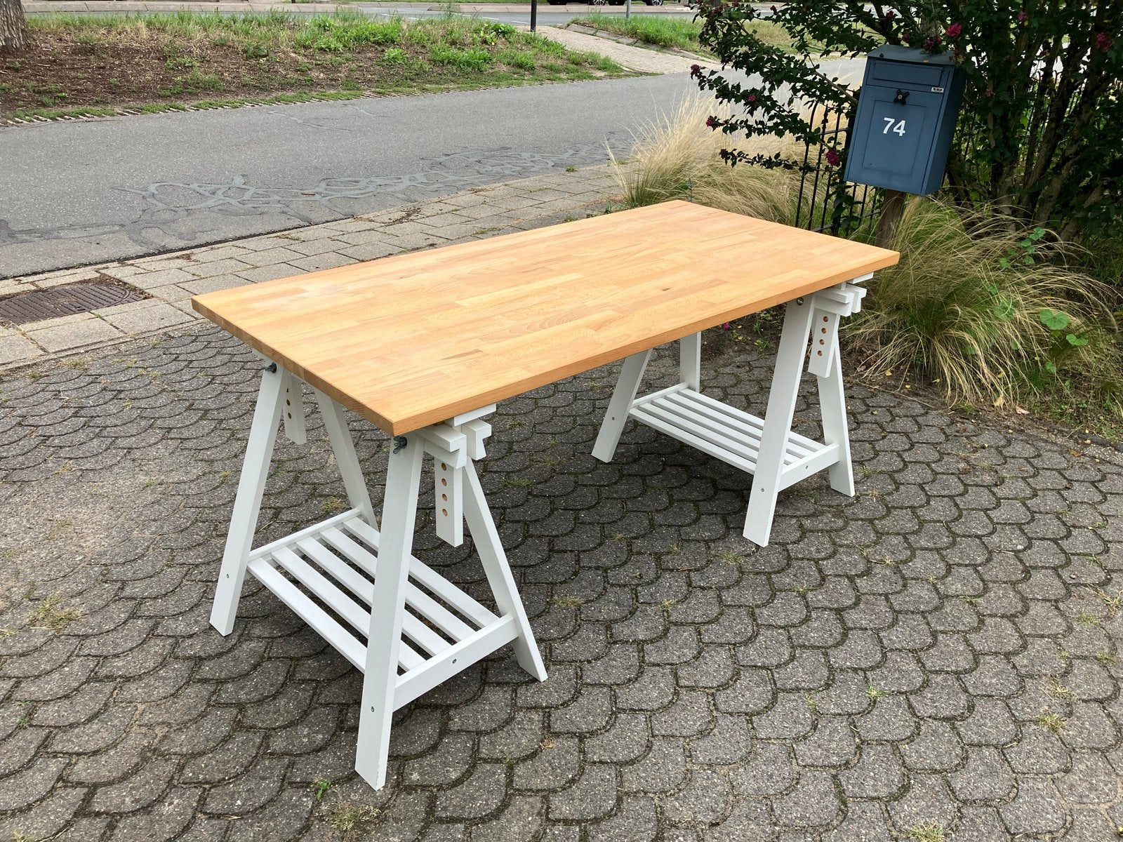 Bureaublad 155x76 cm met schragen, Huis en Inrichting, Bureaus, Ophalen, Gebruikt, 155 cm, Hout