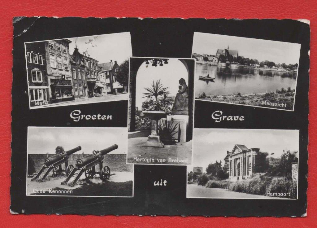 Grave (N.Br.) - groeten uit - o.a. Markt en Maaszicht - 1966, Ophalen of Verzenden, 1960 tot 1980, Gelopen, Noord-Brabant