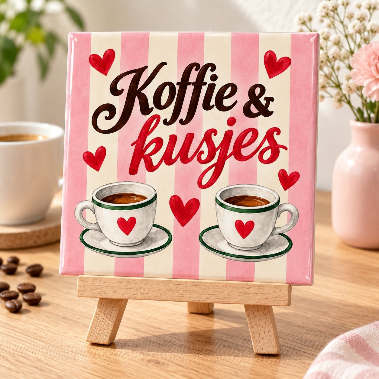 Decoratief Tegeltje "Koffie & Kusjes" met Ezel, Inclusief standaard, Verzenden, Nieuw, 11 cm
