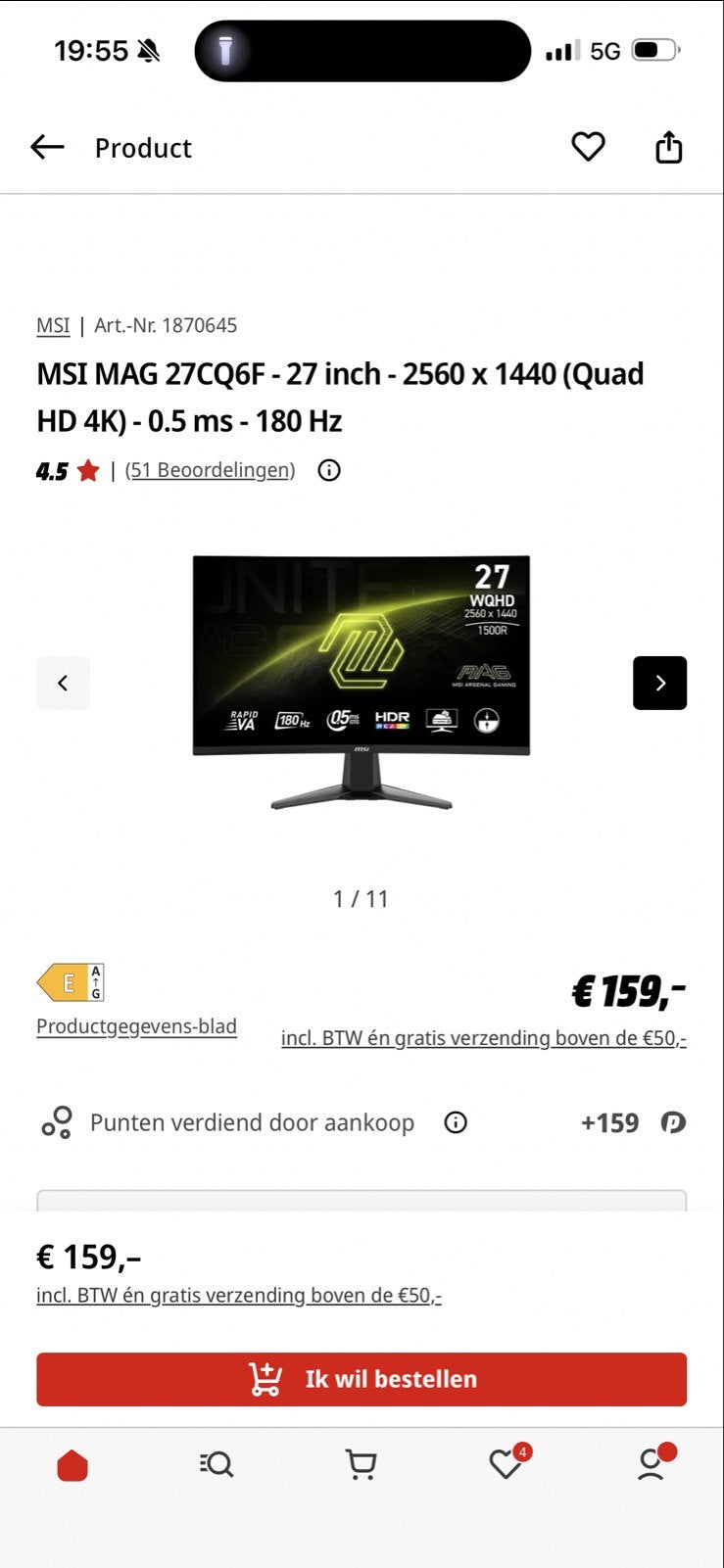 MSI MAG 27CQ6F 27 inch 2560x1440 180Hz Gaming Monitor, Computers en Software, Curved, Minder dan 1 ms, Zo goed als nieuw, Ophalen