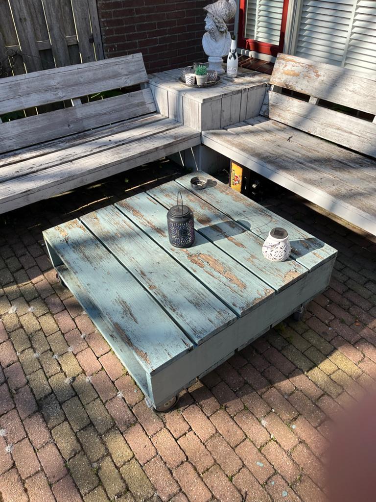 Steigerhouten Loungeset met Salontafel, Ophalen, Gebruikt, Steigerhout, 8 zitplaatsen