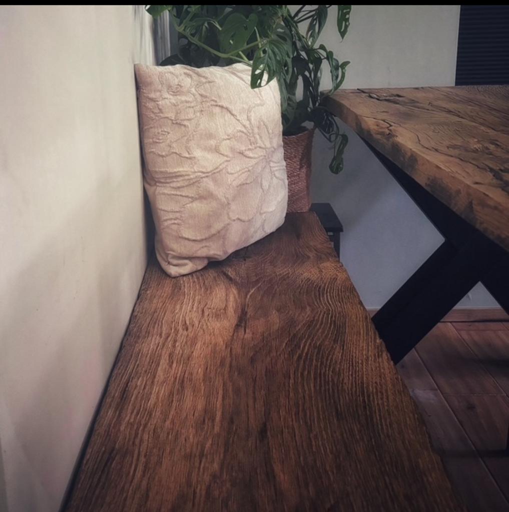 Bankje van oud eiken plank, Huis en Inrichting, Ophalen, Gebruikt, Eikenhout, 150 tot 200 cm
