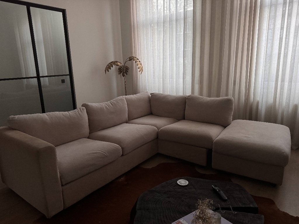 3-zitsbank met chaise longue, beige & poef, Ophalen, Gebruikt, Hout, Scandinavische zetel