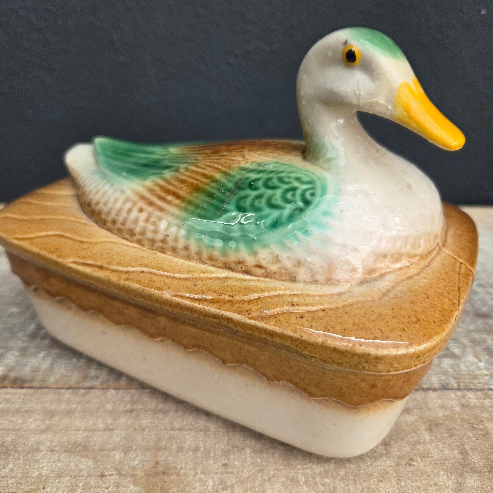 Brocante barbotine aardewerk ovenschaal Eend, Antiek en Kunst, Ophalen of Verzenden