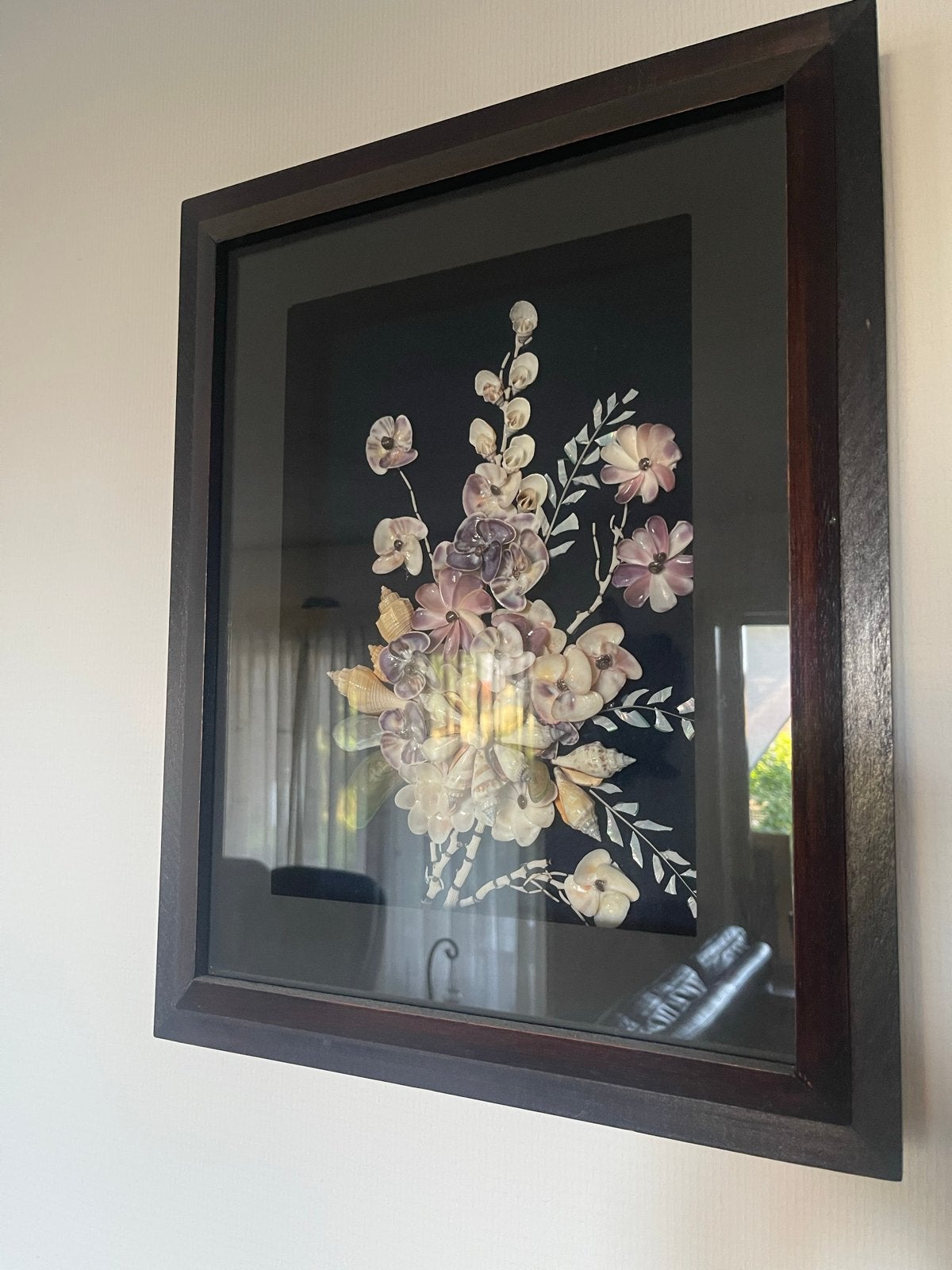 Wanddecoratie schelpen bloemen ingelijst, Ophalen, Decoratieobject, Zo goed als nieuw, Natuurlijk materiaal