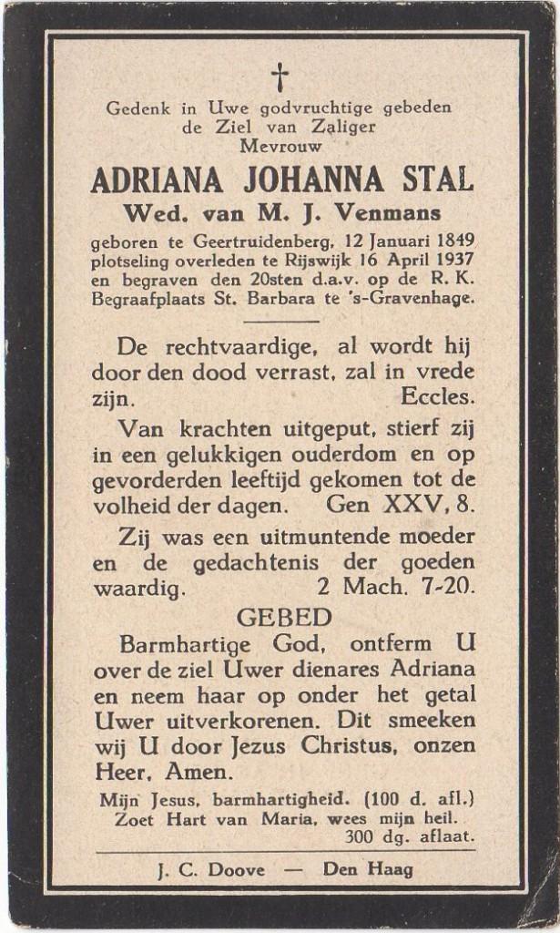 Adriana J. Stal 149 Geertruidenberg + 1937 Rijswijk, 88 jaar, Verzenden