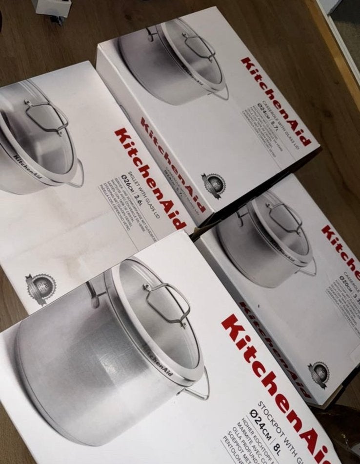 Kitchenaid pannenset, Huis en Inrichting, Keuken | Potten en Pannen, Ophalen, Zo goed als nieuw, Rvs, Pannenset