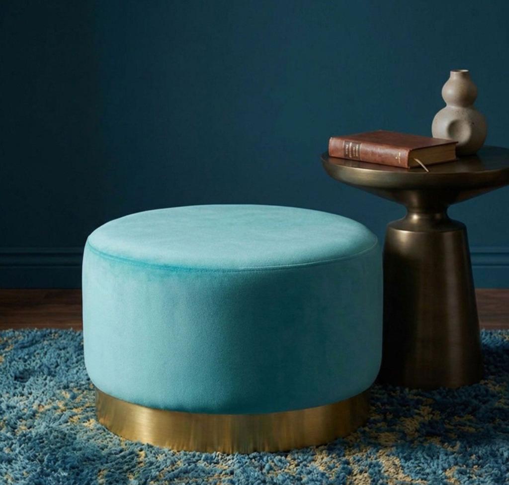 Ronde Poef Daisy Velvet Mint Goudkleurige Voet, Ophalen, Modern, Luxe, Glamour, Nieuw, Stof