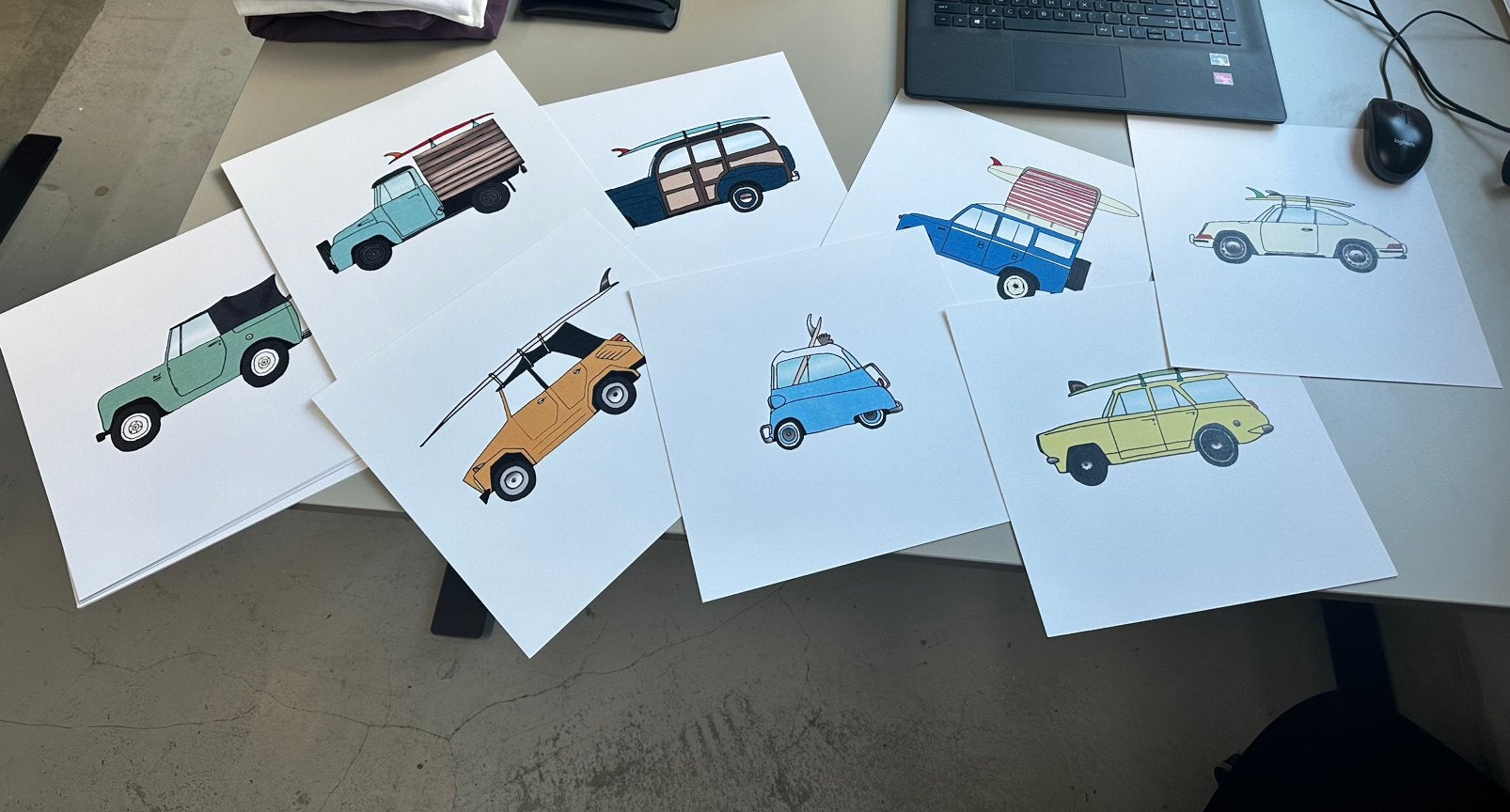 Old timers auto / surf Design prints om in te lijsten, Ophalen of Verzenden, Zo goed als nieuw