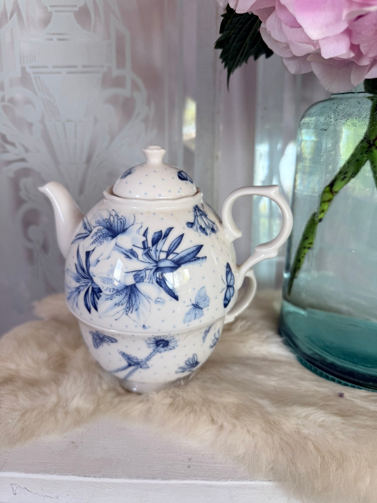 Portmeirion Botanic blue theepot met grote kop tea for one, Ophalen