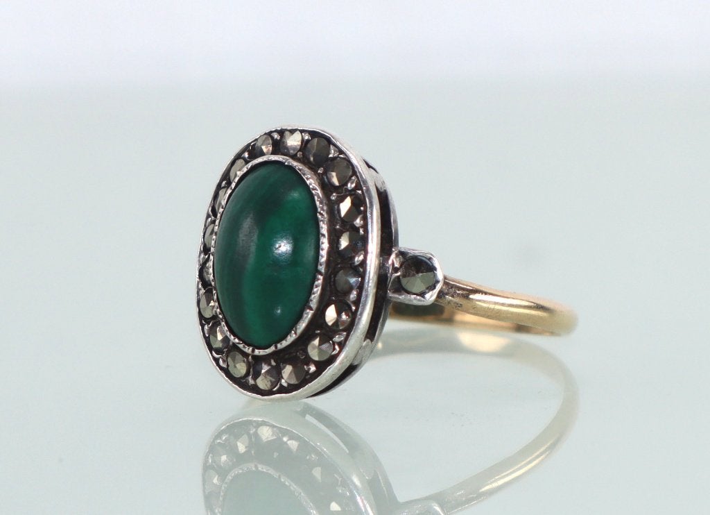 Antieke Franse ring malachiet met markasiet, Ophalen of Verzenden, Goud, Ring, Met edelsteen