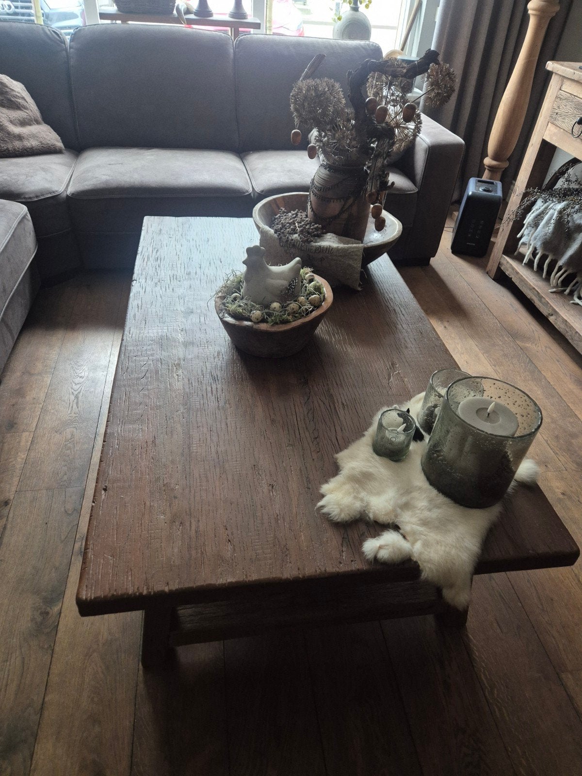 Robuuste houten salontafel - Landelijke stijl, Ophalen, Gebruikt, 100 tot 150 cm, 50 tot 100 cm