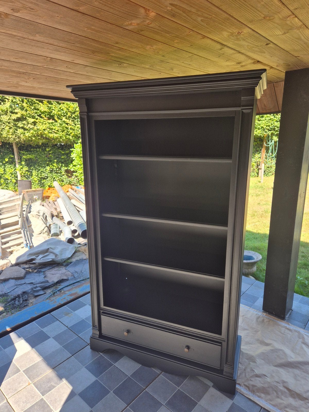Zwarte boekenkast met lade - 185x111x46 cm, Ophalen, Gebruikt, 100 tot 150 cm, 150 tot 200 cm