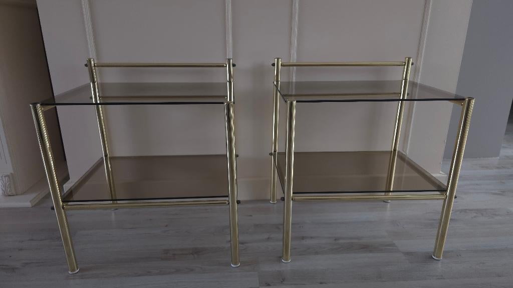 Hollywood Regency bijzettafels, Huis en Inrichting, Tafels | Bijzettafels, Minder dan 55 cm, Gebruikt, Glas, Hollywood Regency