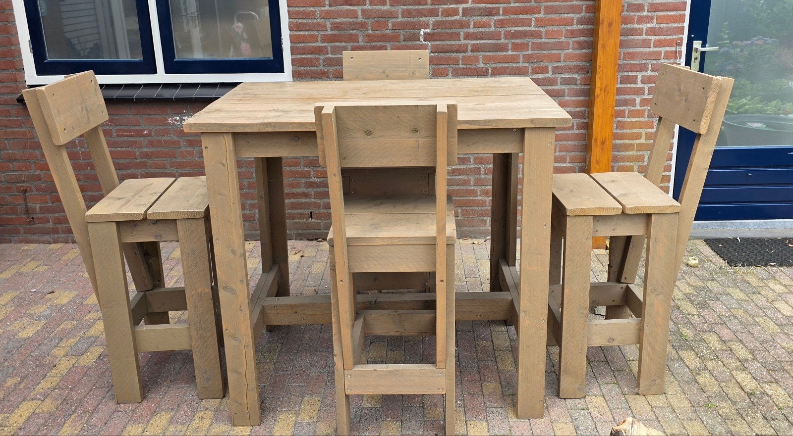Steigerhouten tuinset/ hoge tafel met 4 krukken, Ophalen, 4 zitplaatsen, Steigerhout, Zo goed als nieuw