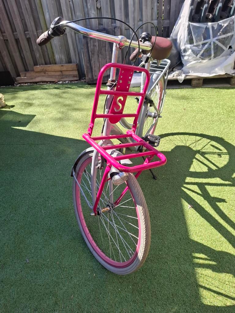 Spirit kinderfiets met voordrager - Grijs/Roze, Overige merken, Terugtraprem, Gebruikt, Ophalen of Verzenden