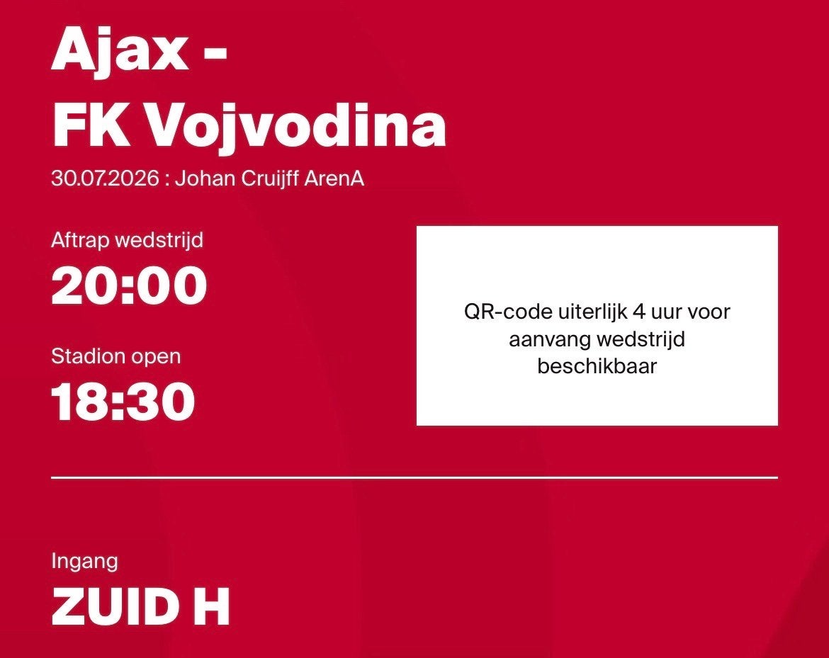 Ajax - Vojvodina F-Side, Tickets en Kaartjes, Eén persoon
