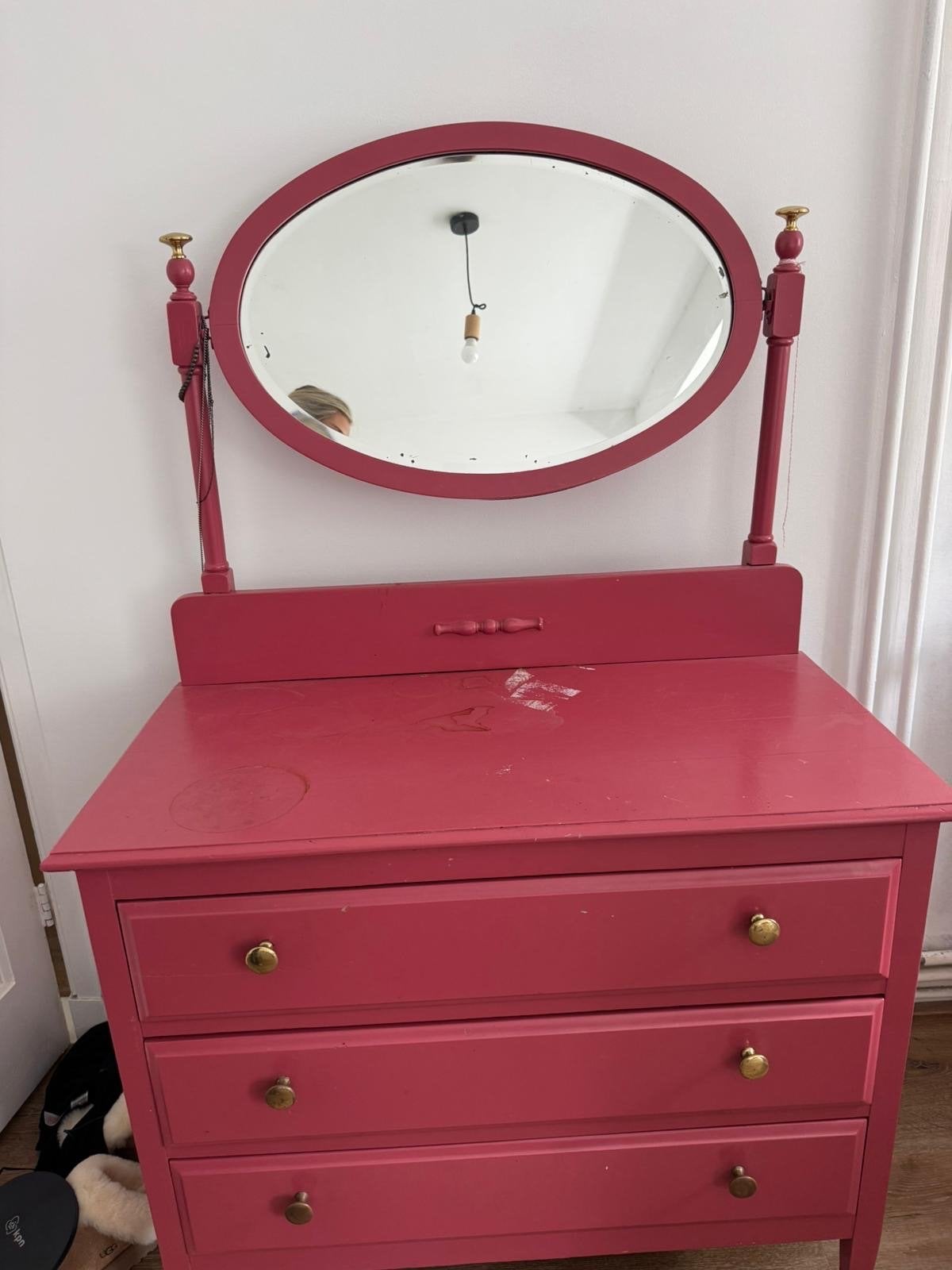 Vintage roze ladekast met spiegel, Ophalen, Gebruikt, 100 tot 150 cm, 50 tot 100 cm