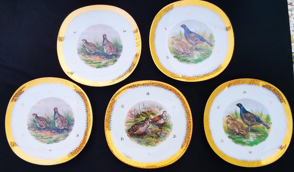 5 Limoges borden Raynaud & Cie Fazanten Houtsnippen 24K goud, Nieuw, Ophalen of Verzenden, Bord(en), Overige stijlen