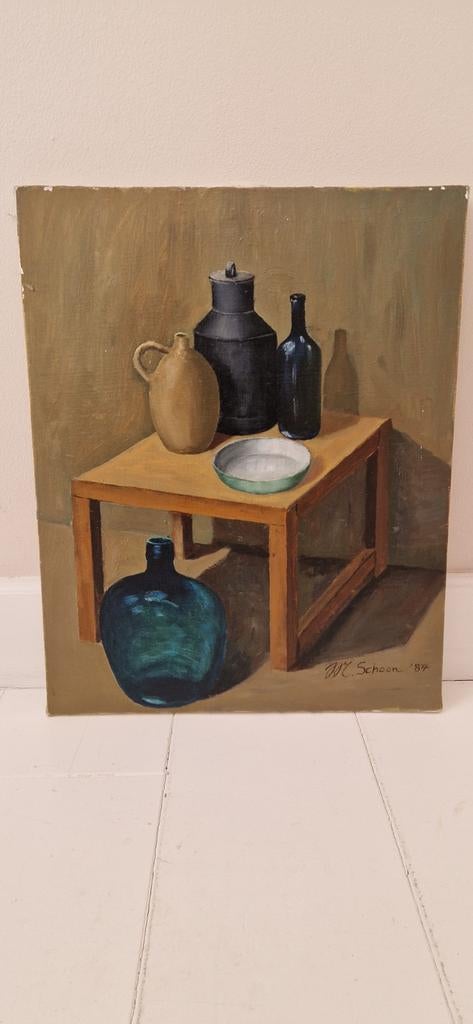 Schilderij stilleven met kruiken en flessen, gesigneerd, Ophalen of Verzenden