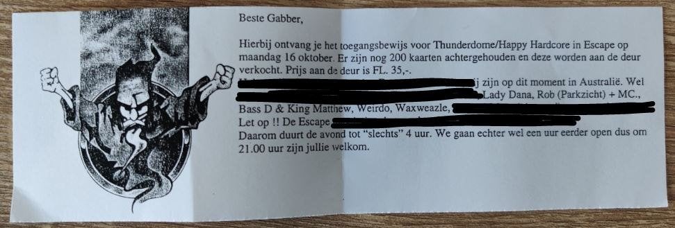 Entree ticket voor Thunderdome in Escape 1995, Eén persoon