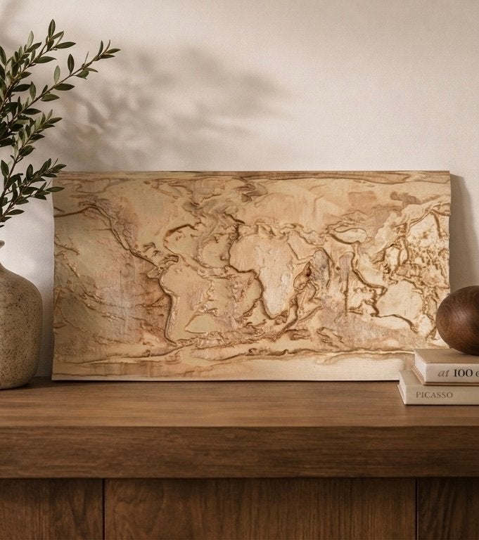 Unique 3D World Map made of MDF - Handmade & Stylish, Handgemaakt, Wanddecoratie, Bruin, Europa
