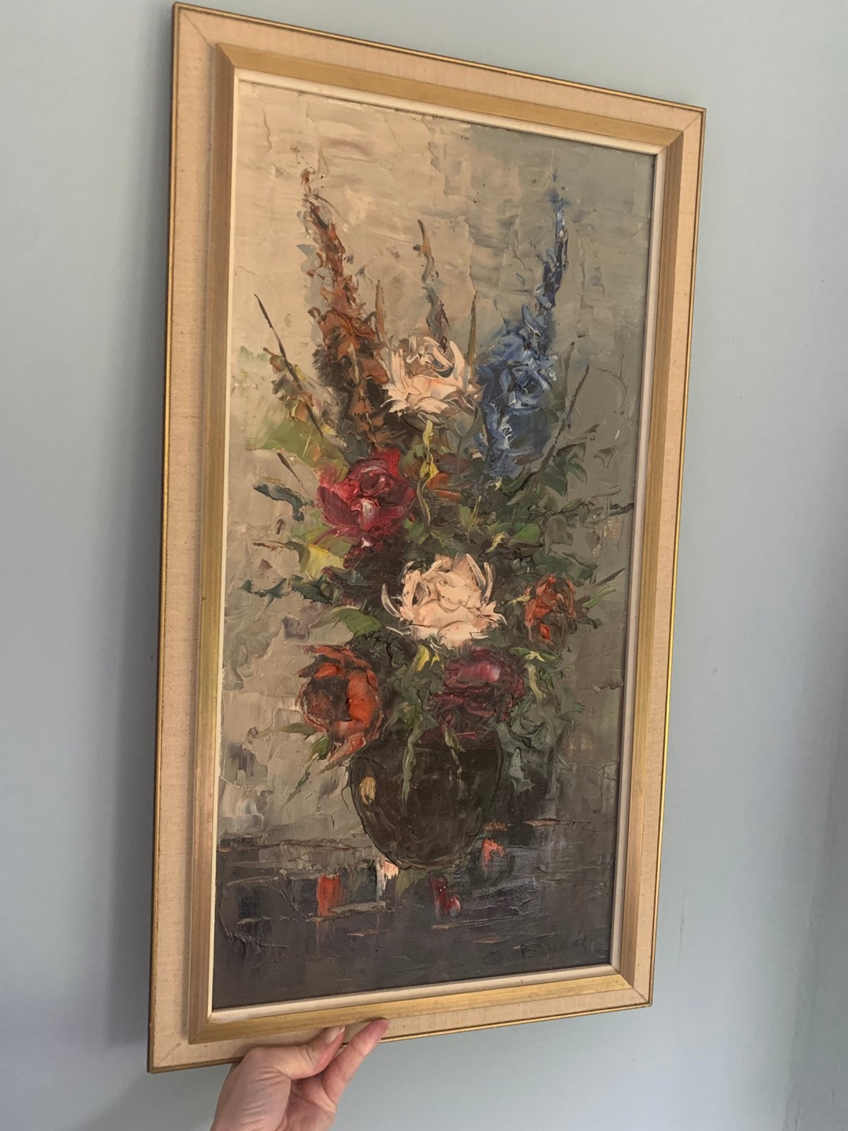 Vintage schilderij bloemstilleven GJ Ernens 1973 olieverf, Bloemen, Doek, Bijzondere lijst, Ophalen of Verzenden