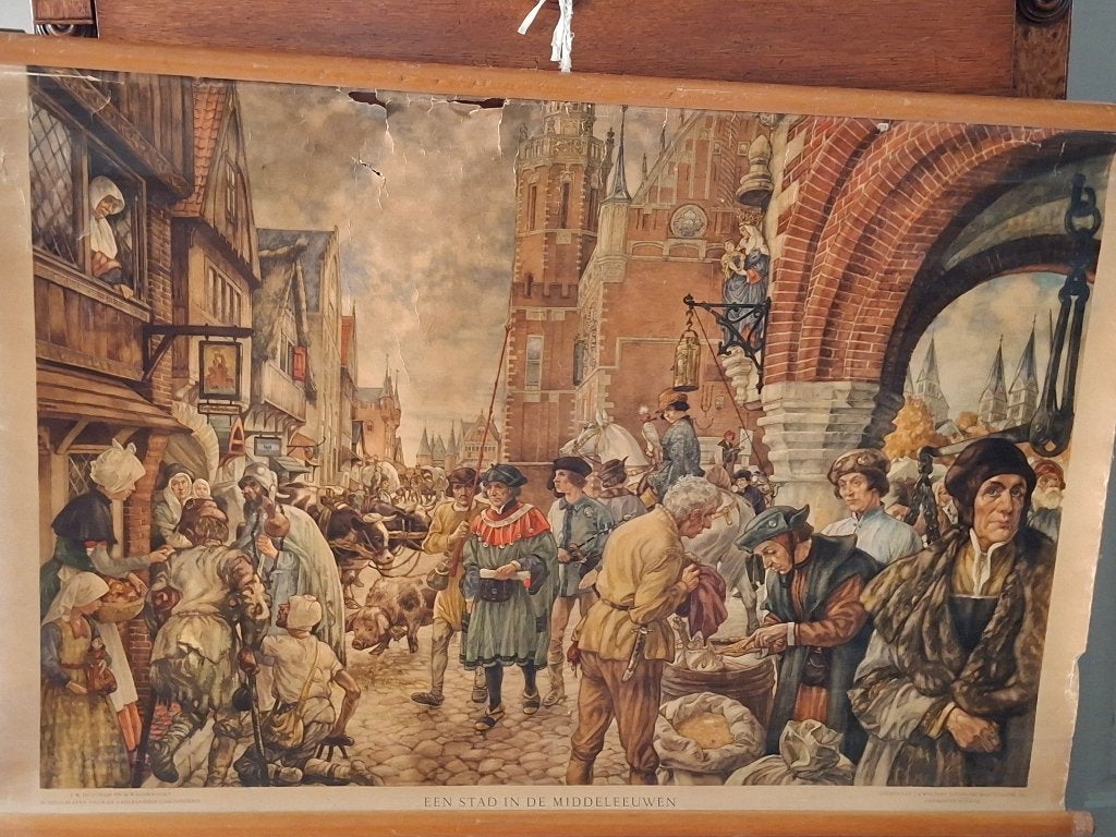 Schoolplaat Een stad in de Middeleeuwen, Ophalen, Geschiedenis