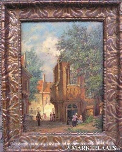 19 e eeuw = gesigneerd dorpsgezicht met vele mensen==, Antiek en Kunst, Kunst | Schilderijen | Klassiek, Ophalen of Verzenden