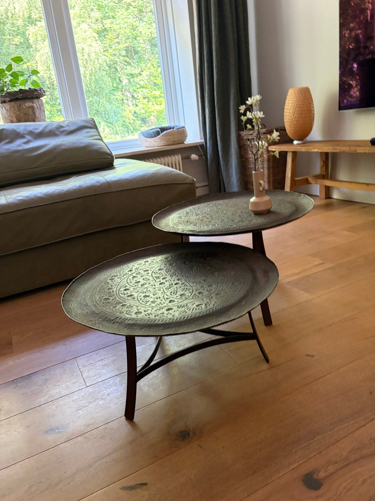 Set van 2 Hoffz Bijzettafels - Rond Gehamerd Metaal, Ophalen, Minder dan 45 cm, Gebruikt, Metaal of Aluminium