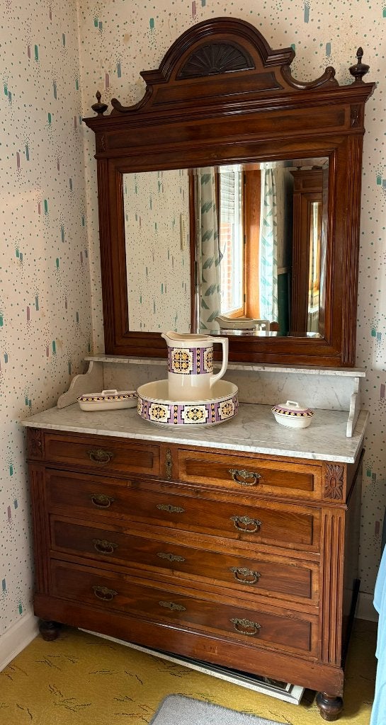 Vintage toiletkast / commode met spiegel en marmer, Antiek en Kunst, Ophalen
