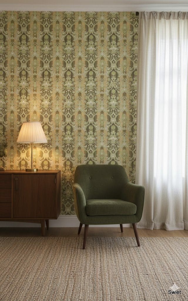 14269 vintage barok bloemenbehang groen goud zand 70s swiet, Ophalen of Verzenden, Groen