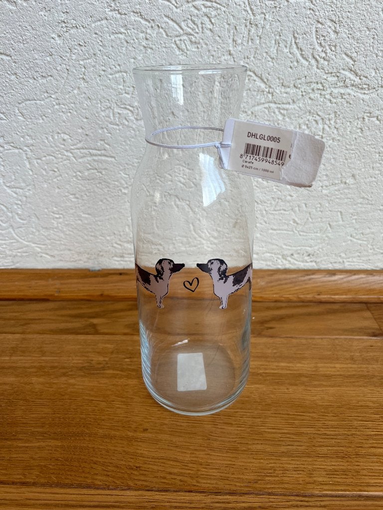 Clary & Eef glazen karaf 1 liter teckel hondenliefhebber, Glas of Glazen, Overige merken, Verzenden, Vintage