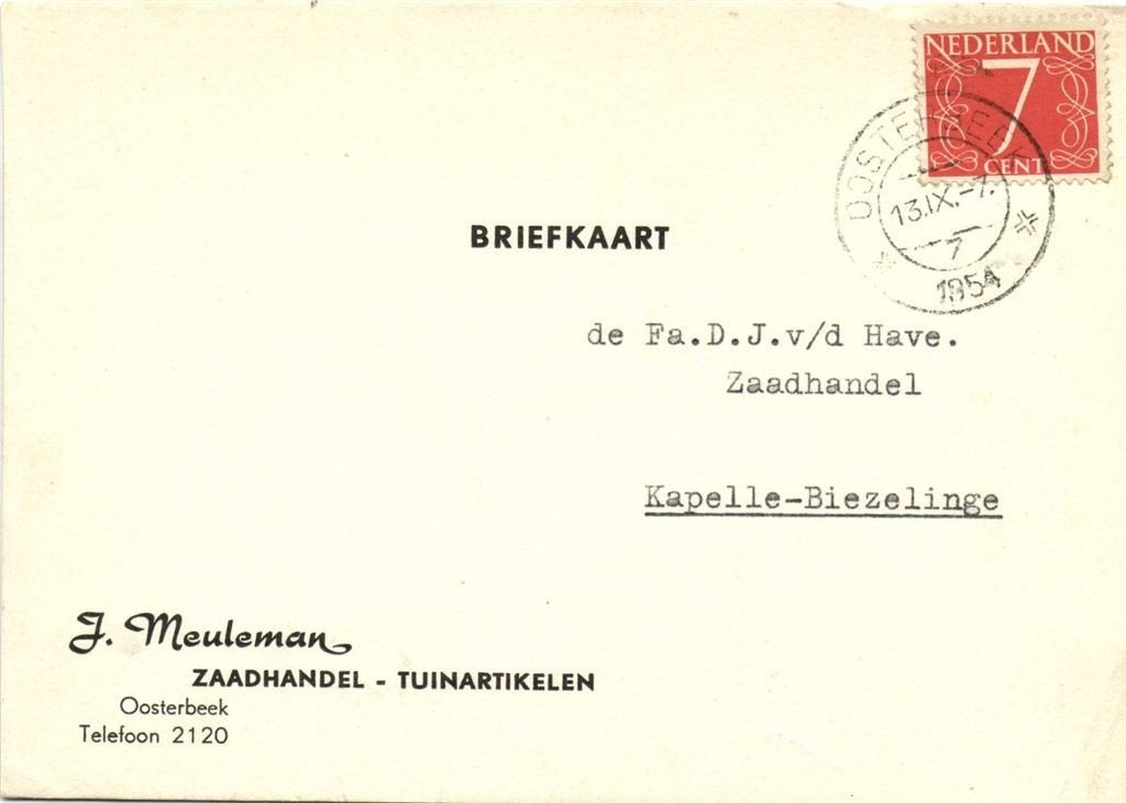 J. Meuleman, Zaadhandel, Oosterbeek - 09.1954 - briefkaart, Ophalen of Verzenden, Briefkaart