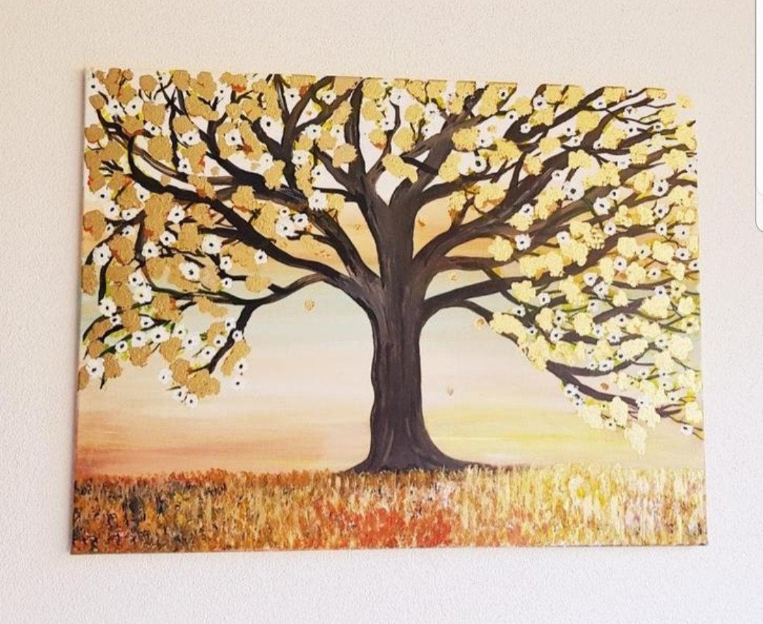 Schilderij GOLDEN TREE 60x80 met goudverf, Ophalen, Textiel, Acrylverf