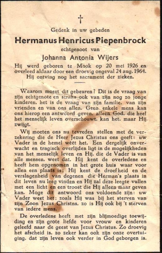 Piepenbrock Hermanus Henricus 1926-1964 Mook, Ophalen of Verzenden