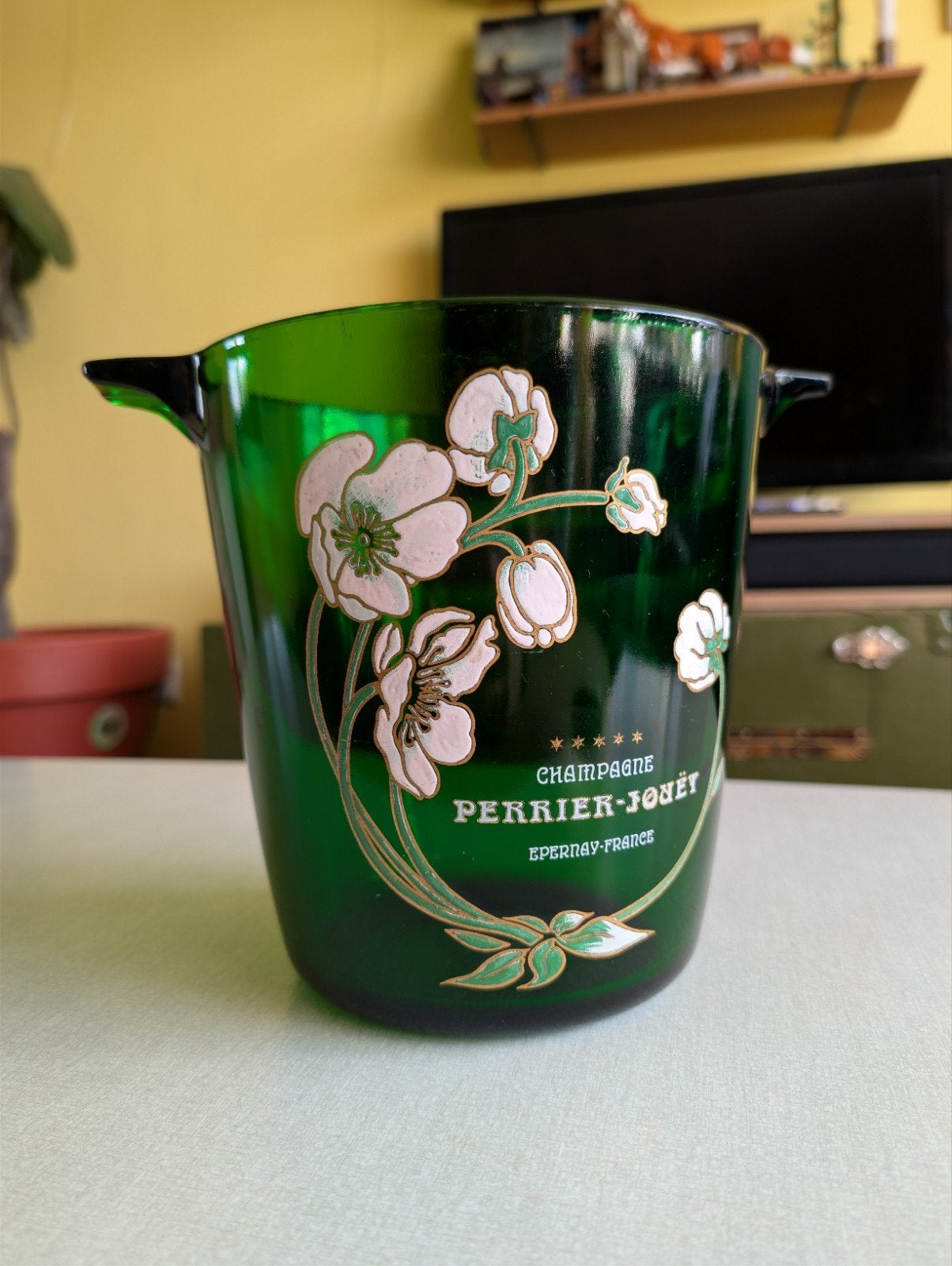 Vintage groen glazen champagnekoeler Perrier Jouët, Antiek en Kunst, Ophalen