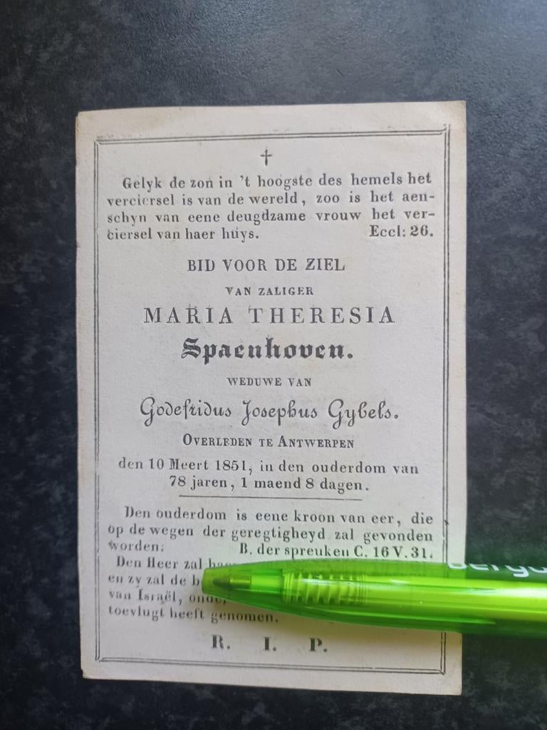 Bidprentje Antwerpen Maria Spaenhoven 1772 1851, Ophalen, Bidprentje