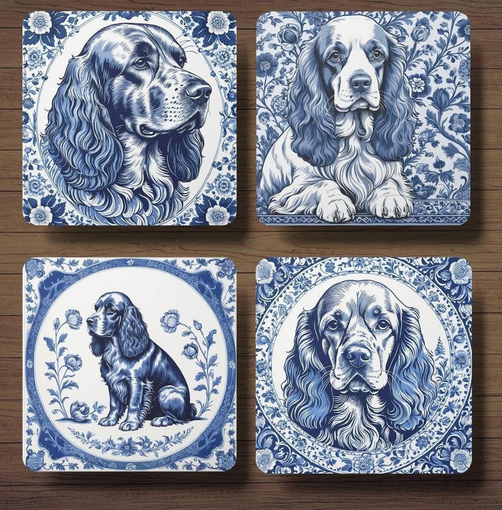 Engelse Cockerspaniël Delfts Blauw onderzetters met houder, Ophalen of Verzenden, Nieuw
