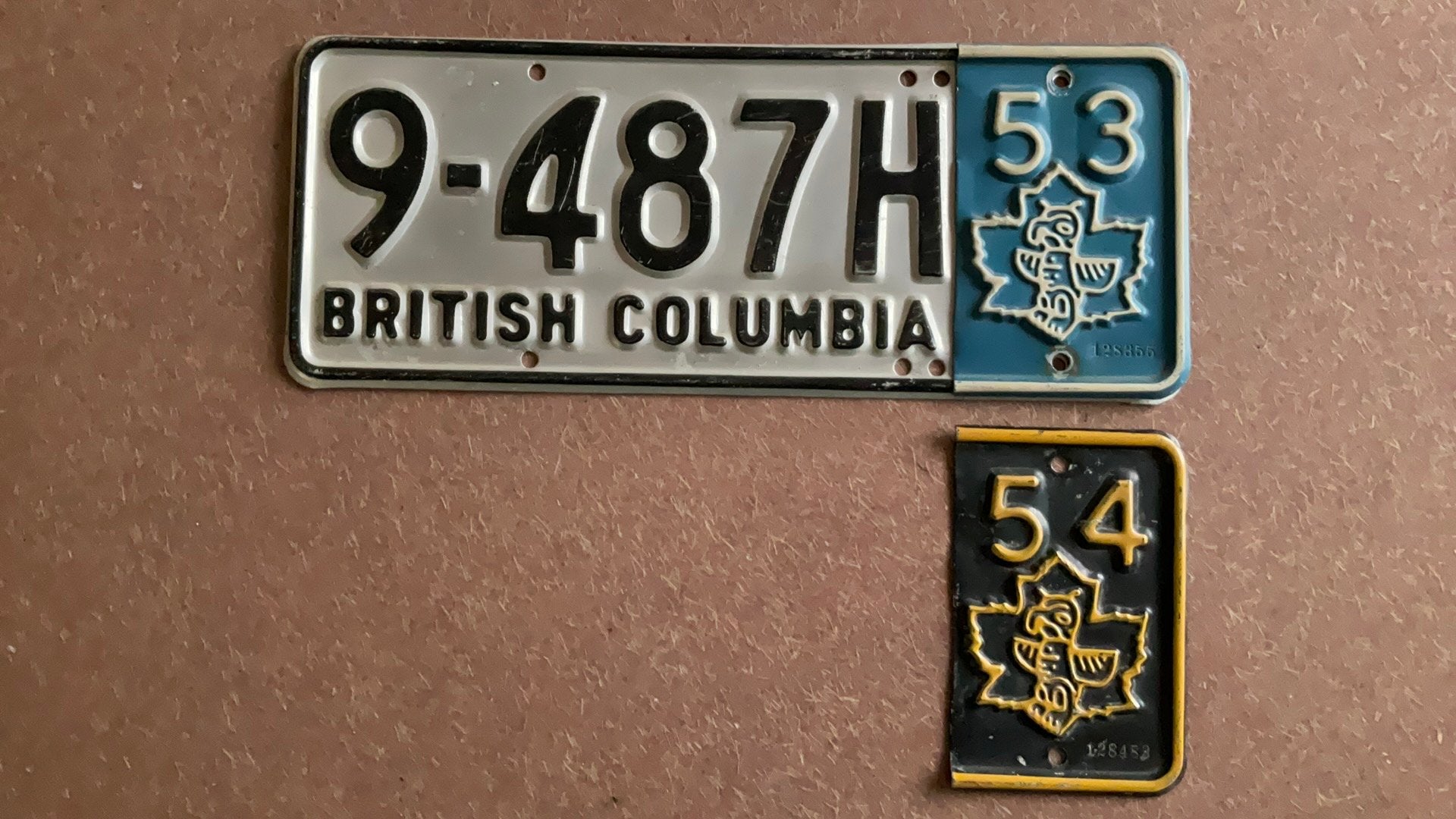 Canada kentekenplaat met TOTEMPAAL tabs 1953 + 1954, Verzamelen, Verzenden, Zo goed als nieuw, Auto's