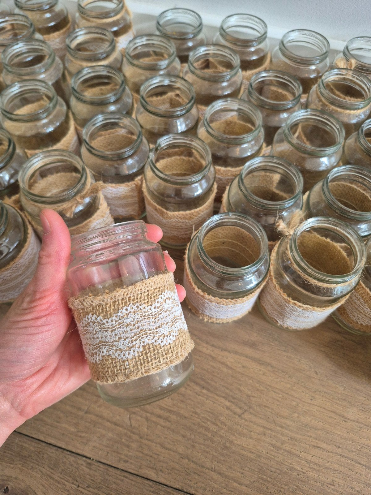 85 Decoratie glaasjes voor bruiloft, Ophalen of Verzenden, Zo goed als nieuw, Glas, Waxinelichthouder