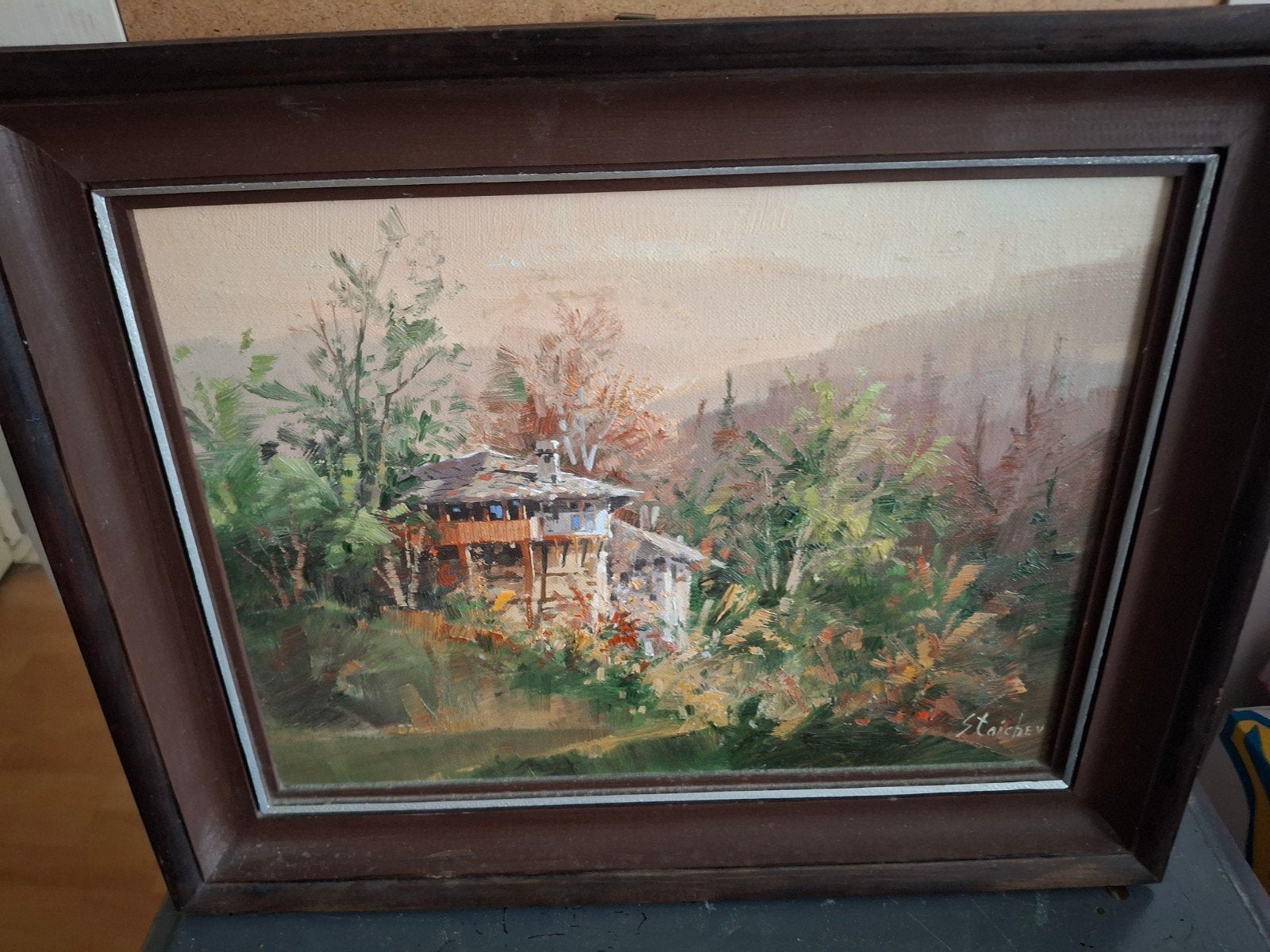 Schilderij van Staichev: Huis in Berglandschap, Antiek en Kunst, Kunst | Schilderijen | Klassiek, Ophalen of Verzenden