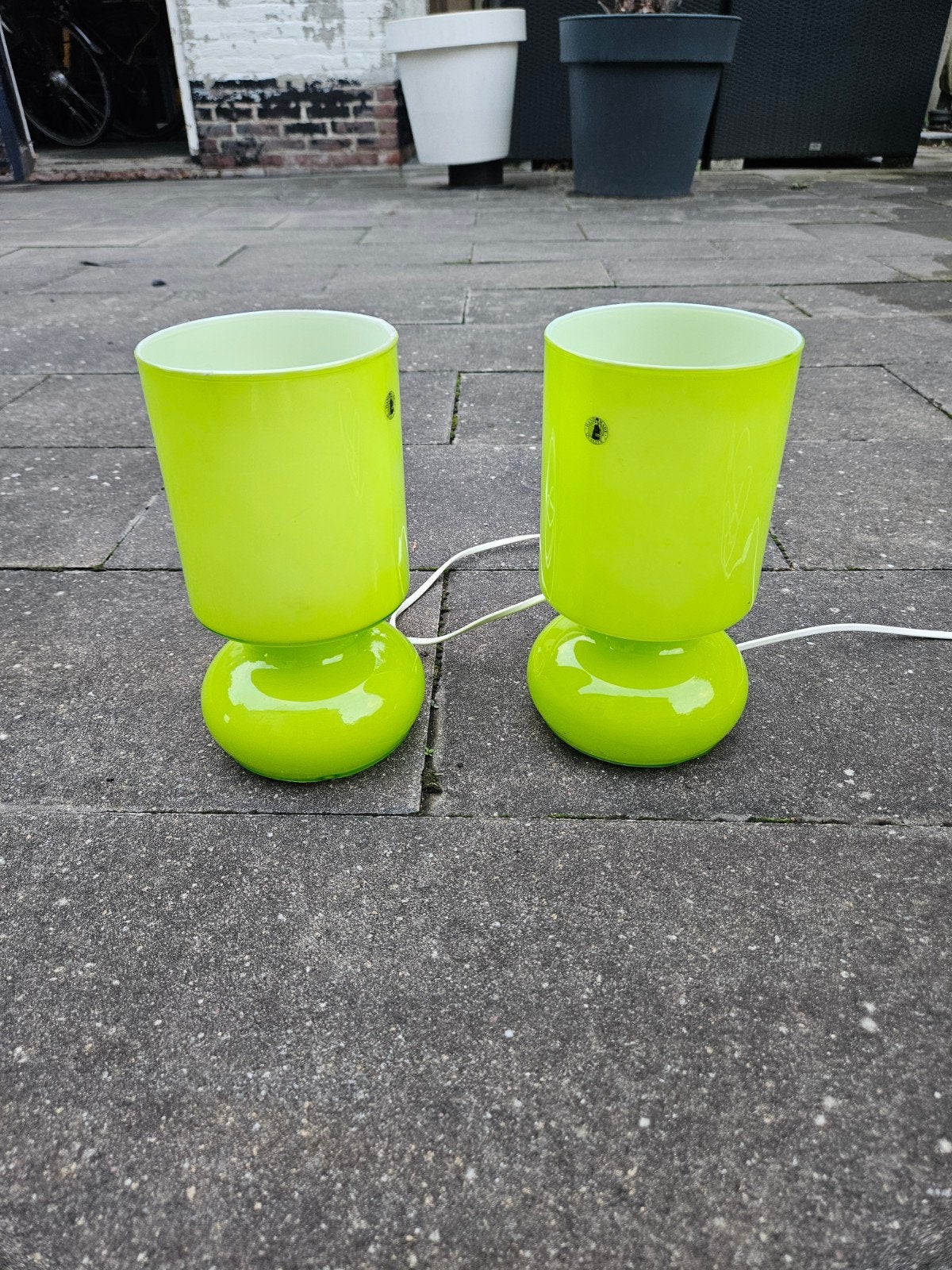 Set van 2 groene glazen IKEA tafellampjes, 25cm hoog, Huis en Inrichting, Ophalen, Gebruikt, Groen, Met schakelaar