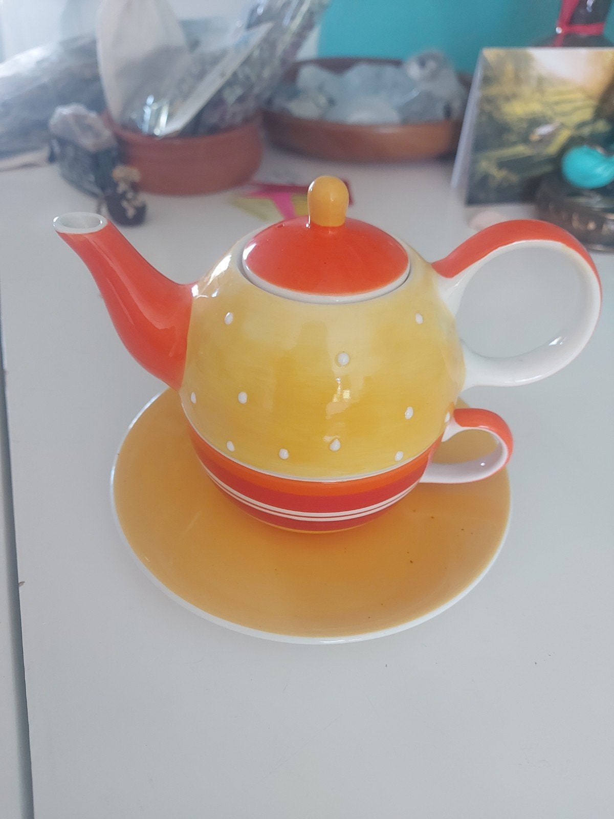 Geel oranje theepot met kopje, 2 in 1 set, zgan

Jodi-nv, ha, Keramiek, Overige typen, Ophalen of Verzenden, Zo goed als nieuw