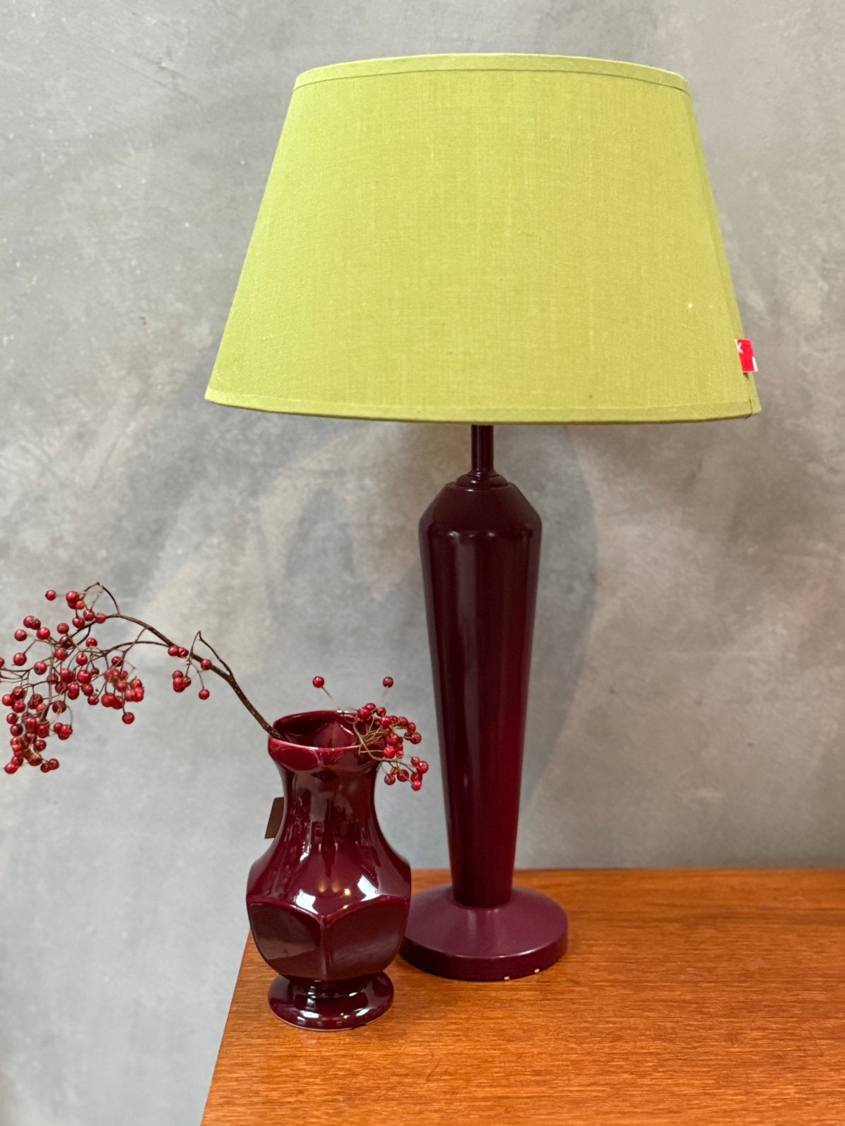 Tafellamp - rood/paars mer appeltjesgroene kap, 49 cm, Q, Q, Met kap