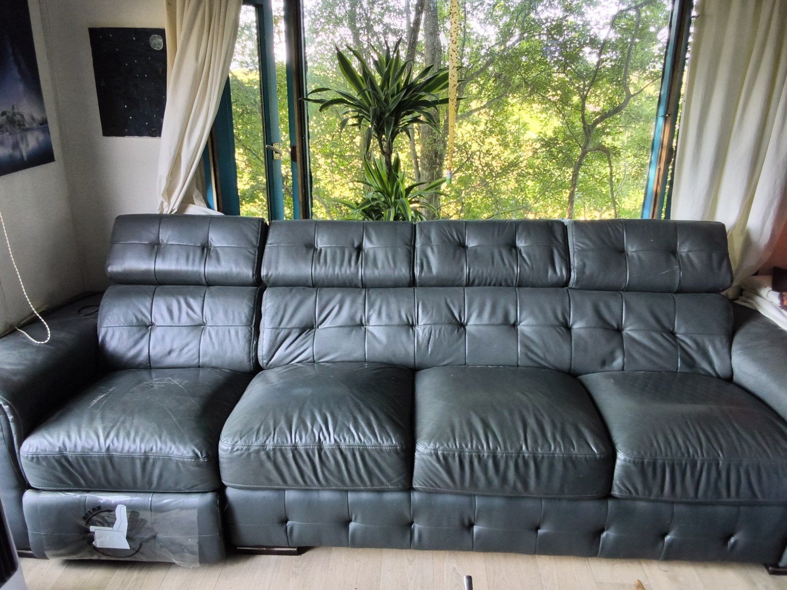 Donkergroene 4-zitsbank leren met relaxfunctie, Huis en Inrichting, Ophalen of Verzenden, Zo goed als nieuw, Rechte bank, Leer