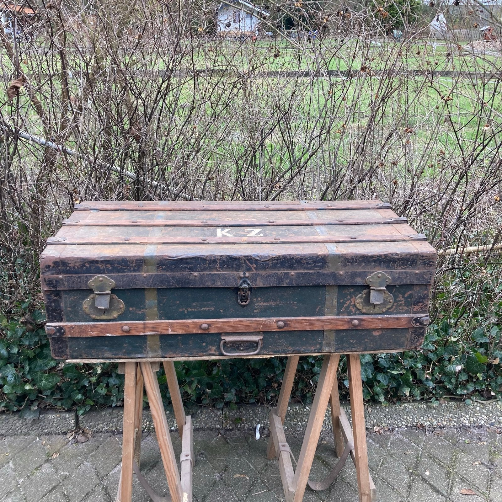 Antieke houten hutkoffer/reiskoffer, 19e/20e eeuw, Antiek en Kunst, Ophalen