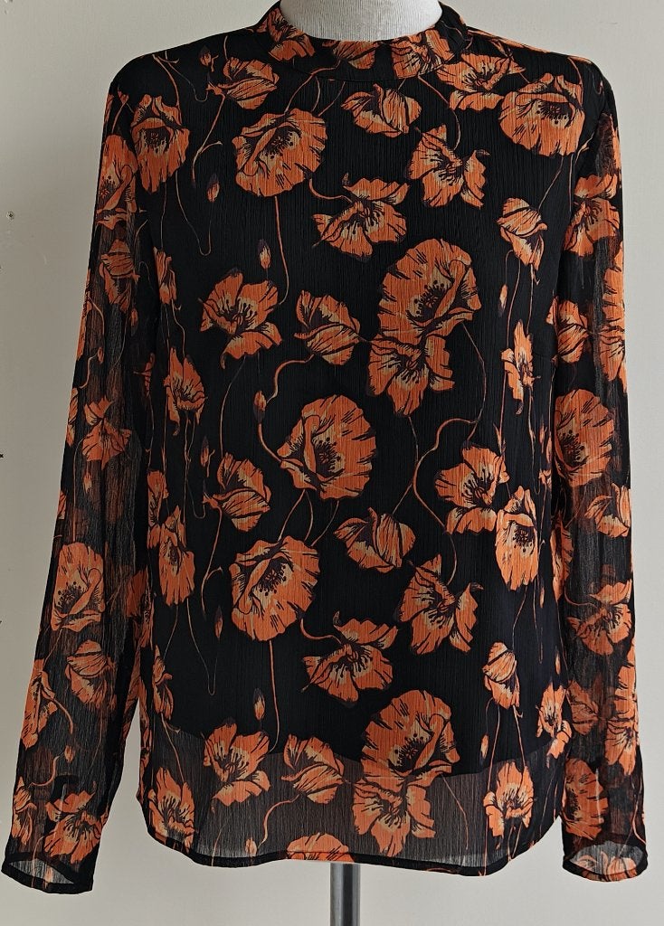 Pieces zwarte blouse met oranje bloemen mt. S, Zwart, Ophalen of Verzenden, Zo goed als nieuw, Maat 36 (S)