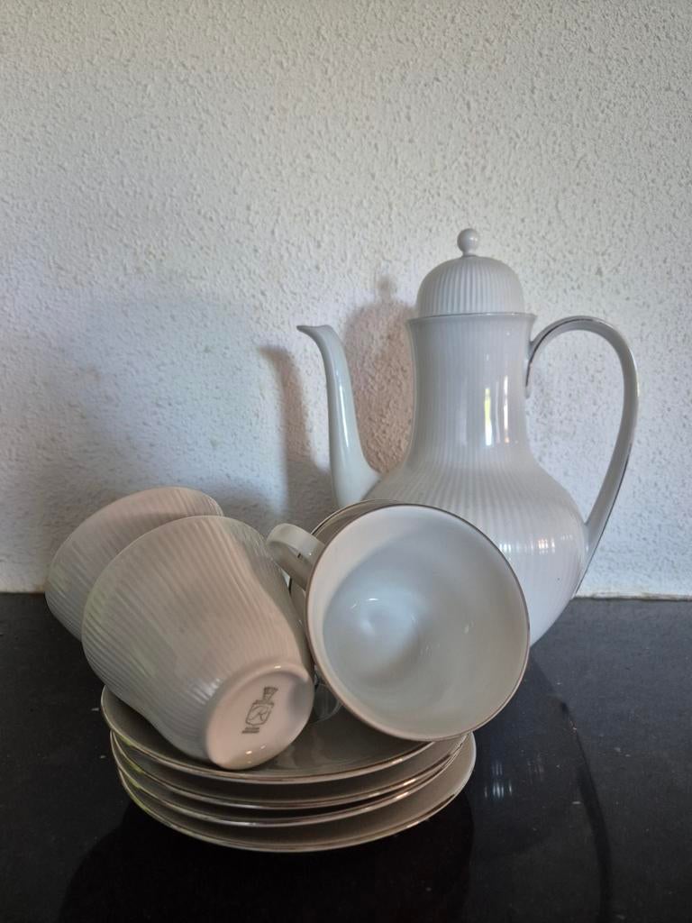 Bavaria Koffieservies - Wit met zilveren rand, puntgaaf, Antiek en Kunst, Ophalen of Verzenden