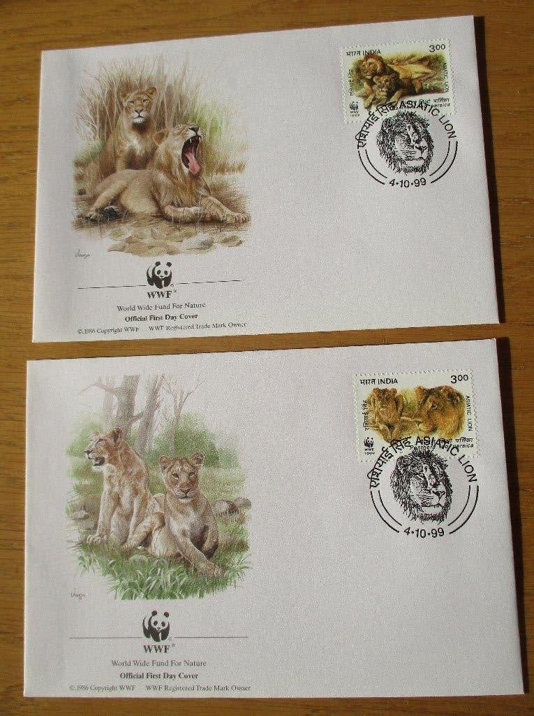 India, WWF serie FDC's Perzische leeuw, 1999, Verzenden, Gestempeld, Dier of Natuur